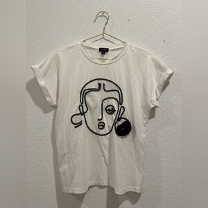 Ontwelfth white black embroidered abstract line face design t-shirt top modern